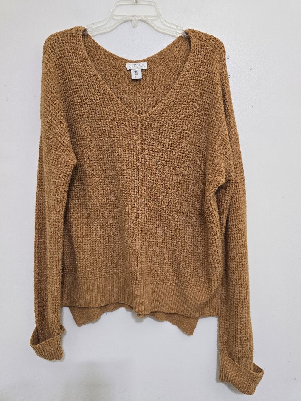RUBY MOON size Large Textured V Neck Cuffed Sleeve Knit Sweater Brown